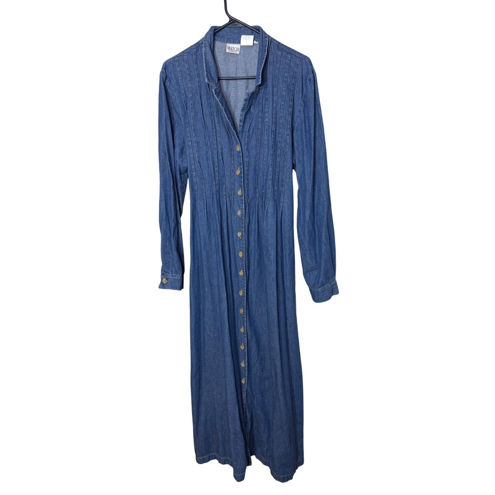 Match Made in USA Vintage Denim Maxi Dress Blue Pintuck Button Front Womens 16